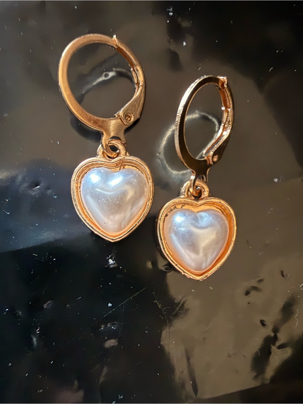 Gold Tone Heart Drop Earrings with Iridescent Pearlescent Hearts